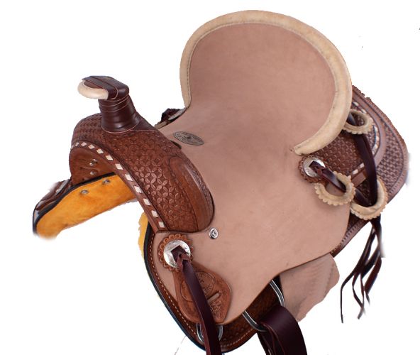 12" Double T hard seat roper style saddle with basket weave tooling with raw hide accents #2